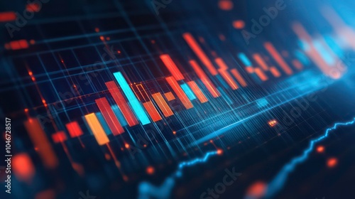 Abstract blue and red bars and line graph in a dark background with grid, depicting financial data or market performance.