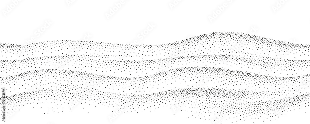 Abstract stippled winter snow valley, hills, mountains landscape. Black halftone dots particles wave pattern. Sand grain vector texture with speckles and granules isolated on transparent background