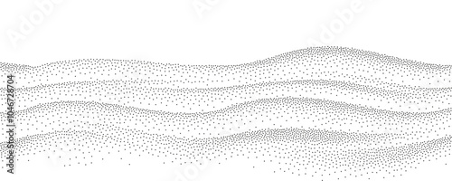 Abstract stippled winter snow valley, hills, mountains landscape. Black halftone dots particles wave pattern. Sand grain vector texture with speckles and granules isolated on transparent background
