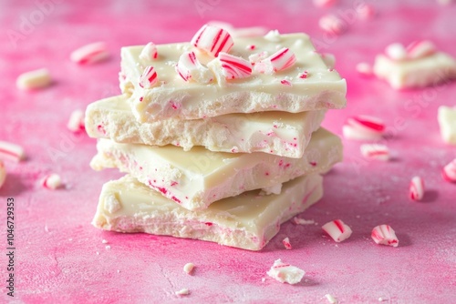 White chocolate peppermint bark on pink background photo