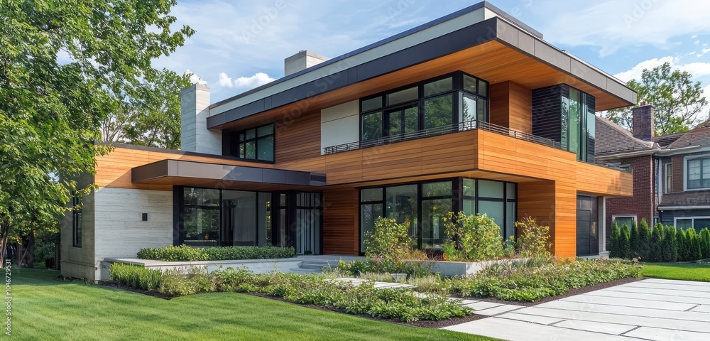 Suburban residence with contemporary design features, nestled in a neighborhood. Suburban residence with contemporary design features, nestled in a neighborhood.