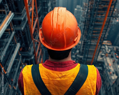 Construction worker in an orange hard hat observes high-rise building progress, urban environment. photo