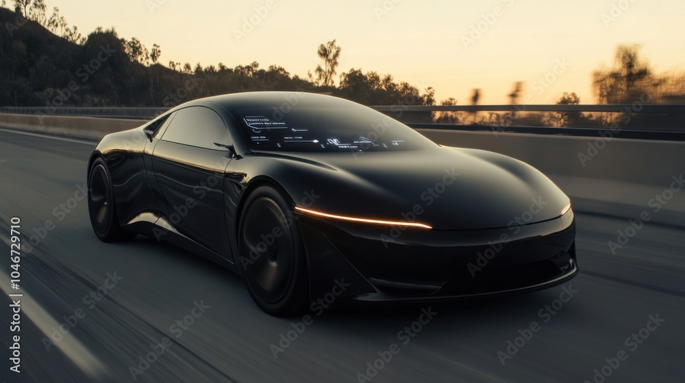 Sleek Futuristic Car Driving on Highway at Sunset Sleek Futuristic Car Driving on Highway at Sunset
