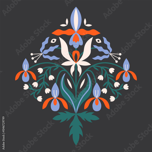 Folk floral symmetrical arrangement. Traditional ornament with rustic embroidery motifs of orchids. Clean flat minimal geometric shapes in unique reflected elegant print.