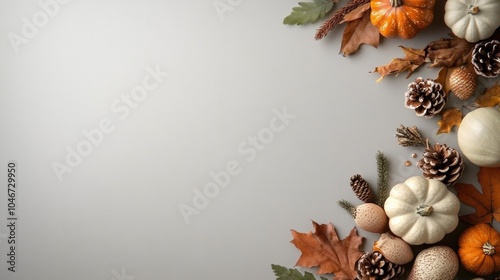 thanksgiving day background Flat lay of autumn decorations, featuring pumpkins, pinecones, and leaves, perfect for seasonal promotions, social media, or Thanksgiving designs.