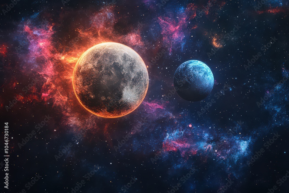 Two planets in vibrant cosmic nebula Two planets in vibrant cosmic nebula