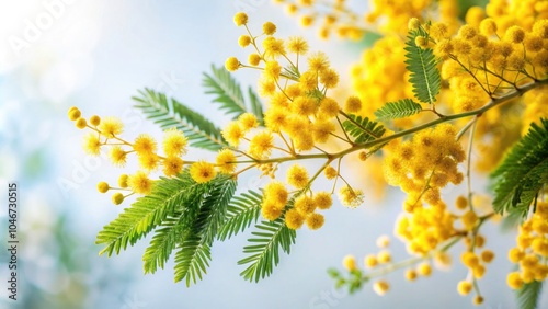 Long Exposure Mimosa Branch with Yellow Flowers Isolated on White Background â€“ Nature Photography, Floral Art, Minimalist Design, Botanical Aesthetics, Fine Art, and more