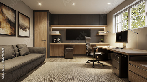 a modern basement office with clean lines a minimalist