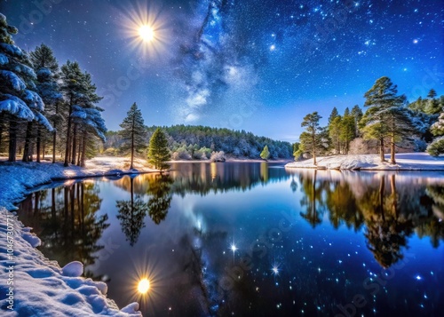 Long Exposure of Arareco Lake in Creel Chihuahua at Night, Winter Wonderland with Starry Sky and Reflections, Captivating Landscape Photography photo