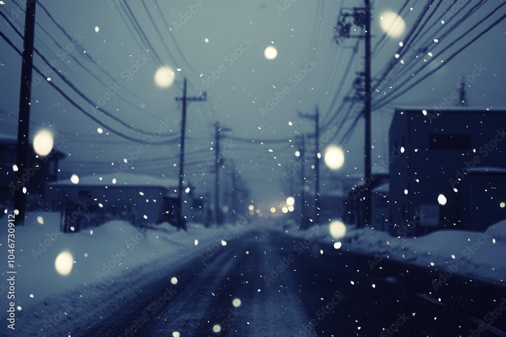Wintry evening in quiet town with falling snowflakes Wintry evening in quiet town with falling snowflakes