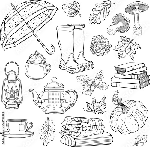 Set of autumn elements. Hello Fall cozy collection. Umbrella, books, tea, mushrooms, rubber boots, pumpkin. Vector illustration in hand drawn sketch style. Line art isolated on white for coloring book