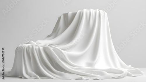 Podium covered with a piece of white silk drapery fabric, podium for product cosmetic presentation creative mock up 