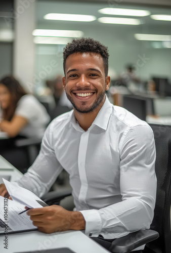 Hombre joven afroamericano mirando a cámara sonriente, trabando sobre una mesa de oficina, inspeccionado documentación, sobre fondo desenfocado, con otros trabajadores, mesas, ordenadores y material photo