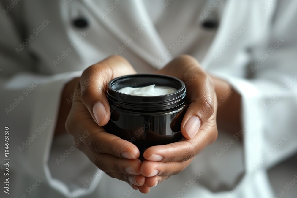 Hands holding a black jar filled with cream, evoking a sense of skincare and self-care. Hands holding a black jar filled with cream, evoking a sense of skincare and self-care.