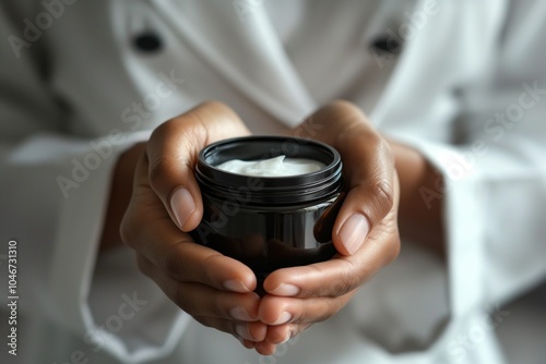 Hands holding a black jar filled with cream, evoking a sense of skincare and self-care.