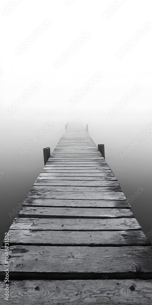 Fototapeta premium Wooden pier stretches into the fog above calm water evoking solitude and serenity in a minimalist setting