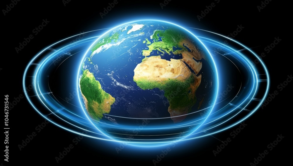 3D Blue Hologram of the Earth on a Black Background with Glowing Lines Around the Globe 3D Blue Hologram of the Earth on a Black Background with Glowing Lines Around the Globe