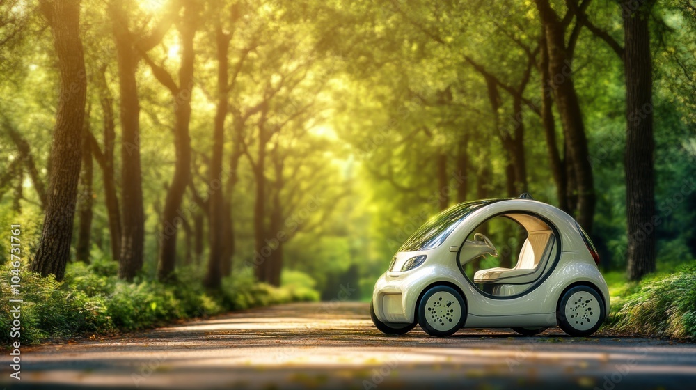Eco-Friendly Smart Car in Serene Natural Setting Eco-Friendly Smart Car in Serene Natural Setting