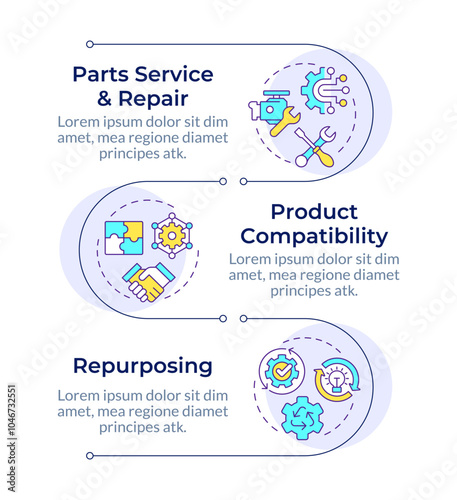 Reverse engineering uses infographic vertical sequence. Parts repair and maintenance service. Visualization infochart with 3 steps. Circles workflow. Montserrat SemiBold, Lato Regular fonts used