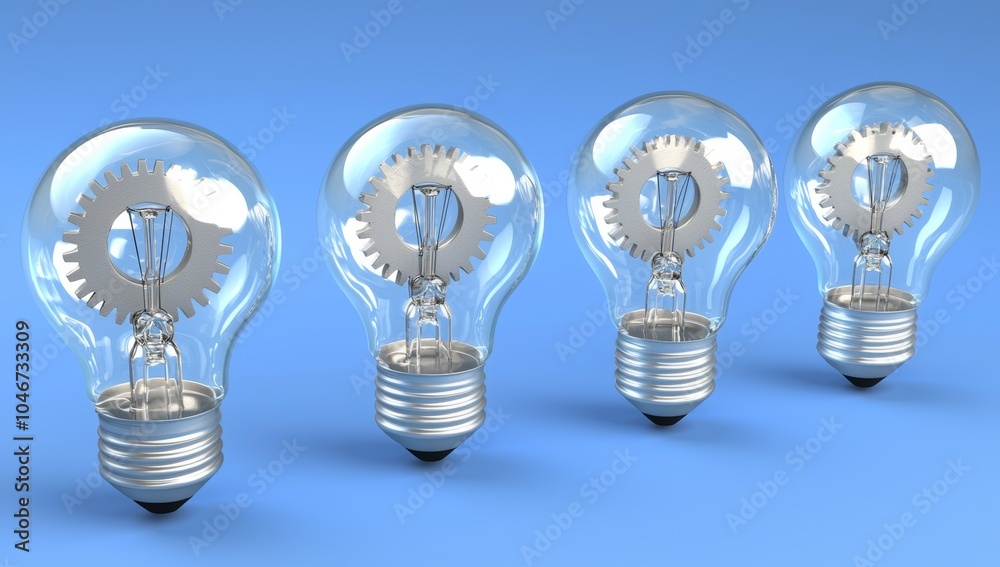 Light Bulbs with Gears Inside on a Blue Background, Concept for Innovative Technology, Business, and Education Light Bulbs with Gears Inside on a Blue Background, Concept for Innovative Technology, Business, and Education