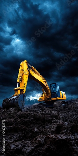 Heavy machinery excavator under dark stormy sky, showcasing robust construction equipment. photo