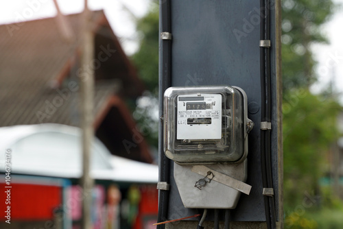 An electricity meter is installed on a light pole in front of the house to measure the amount of electricity used in the house.