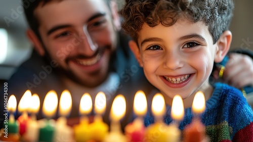 Joyful boy celebrating his birthday with candles and a smiling adult in a warm, festive atmosphere. photo