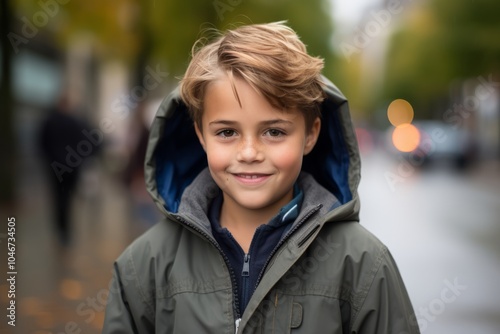 portrait of smiling little boy in raincoat over blurred city background