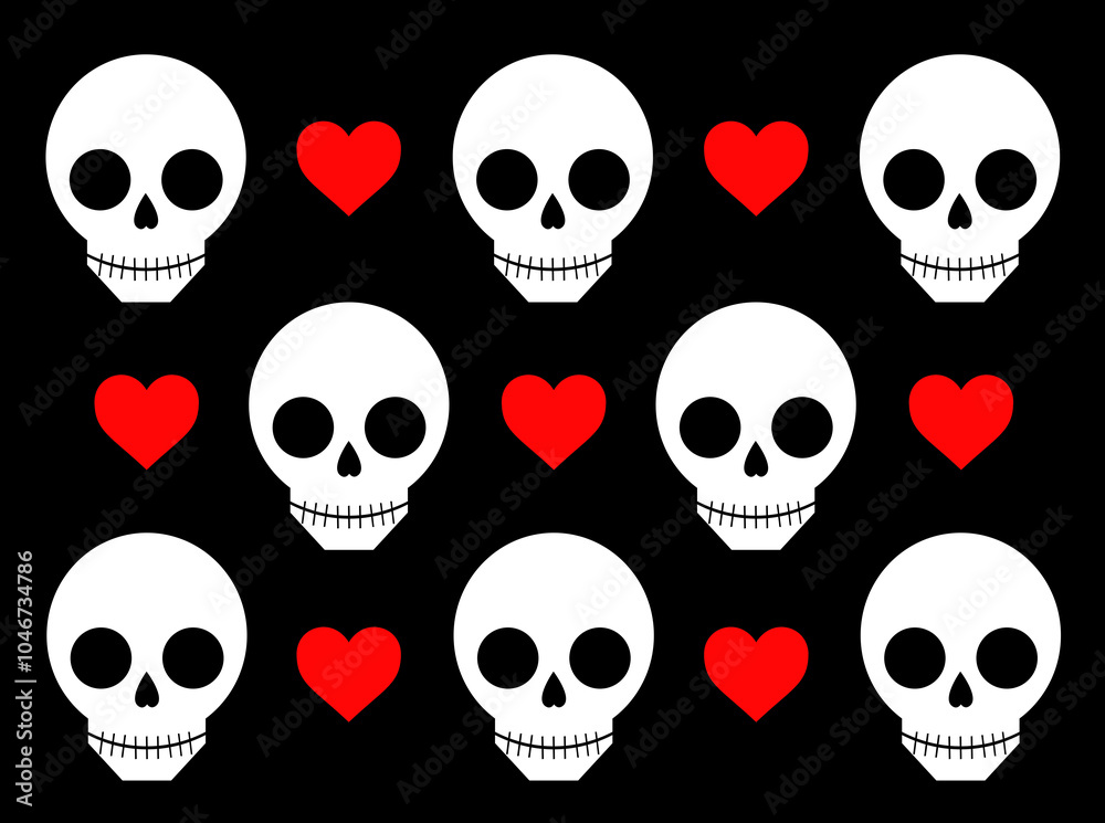 seamless pattern with skulls and hearts on black background seamless pattern with skulls and hearts on black background
