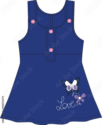girls denim frocks love butterfly print vector design