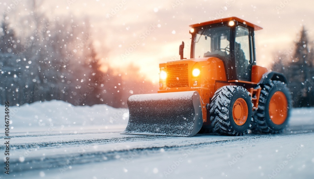 Snow plow clearing the road during winter, surrounded by falling snowflakes and a serene landscape.