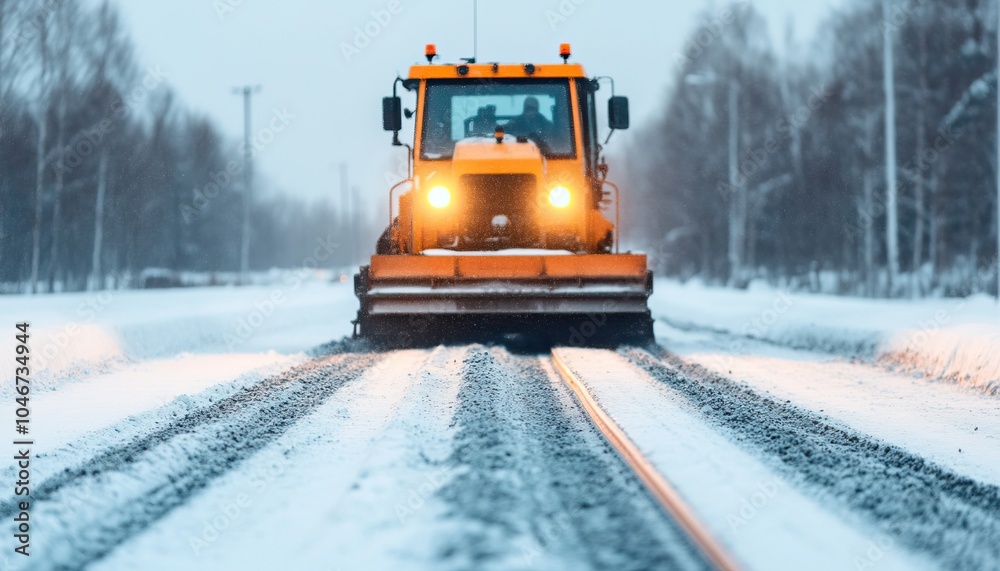 Snow-clearing vehicle working on a snow-covered road during winter. Bright orange equipment contrasts the white landscape.