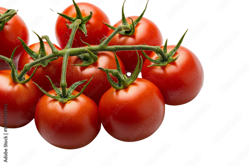 Fresh cherry tomatoes on a vine, isolated on a transparent background, PNG file. Fresh cherry tomatoes on a vine, isolated on a transparent background, PNG file.