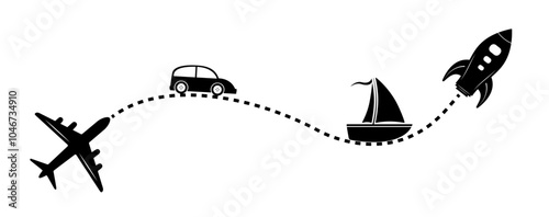 Travel agency concept illustration. Rocket, airplane, car, boat vector illustration. Travel, transport concept illustration to use for tourism, summer holiday, business travel projects. 