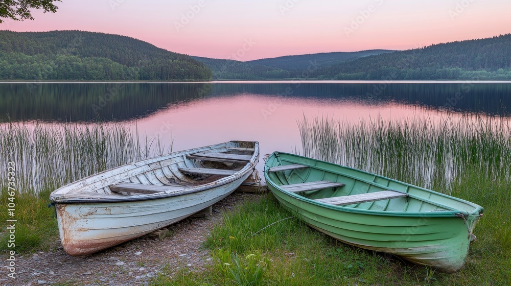 Obraz premium Two Wooden Rowing Boats On The Lake Shore Amidst Lush Green Reeds, Tranquil Sunset Scenery.