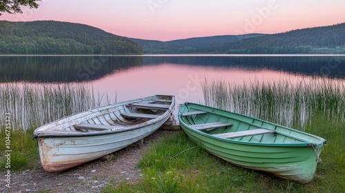 Fototapeta Naklejka Na Ścianę i Meble -  Two Wooden Rowing Boats On The Lake Shore Amidst Lush Green Reeds, Tranquil Sunset Scenery.