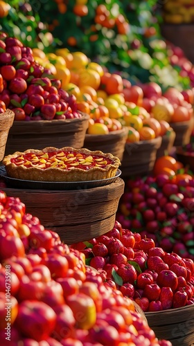 Vibrant Market Display of Fresh Fruits and Homemade Pie Surrounded by Nature's Bounty