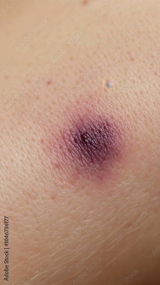 Fototapeta premium Close up of bruise mark on tender skin dark purple center transitioning into pale yellow edges skin texture enhanced swelling slightly raised