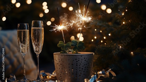 Vaso per piante di trifoglio argentato, stelle filanti all'interno del vaso, nastri da festa intorno al vaso, due bicchieri di champagne per festeggiare il Capodanno photo