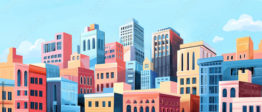 Abstract City Skyline Illustration with Colorful Geometric Buildings under a Clear Blue Sky