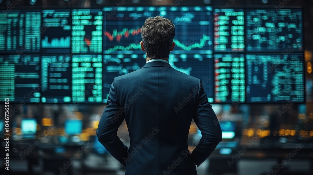 A businessman stands in front of a wall of screens displaying stock market data. A businessman stands in front of a wall of screens displaying stock market data.