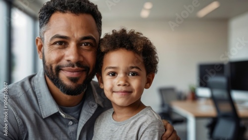 Dad mixed race with his son at work, father-child bonding, working dad with kid, kid-friendly office environment