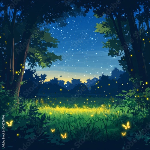 A beautiful meadow at night with fireflies flying around.