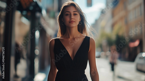 Stylish Woman in a Black Dress Walking Through the City