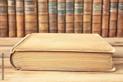 Classic leather-bound book on wooden table with bookshelf background