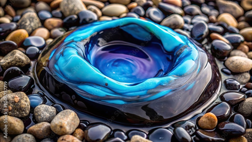 A close-up shot of a thick, black, and sticky slime with an odd color like blue or purple inside the center surrounded by small rocks, wet, earthy, gooey, blue A close-up shot of a thick, black, and sticky slime with an odd color like blue or purple inside the center surrounded by small rocks, wet, earthy, gooey, blue