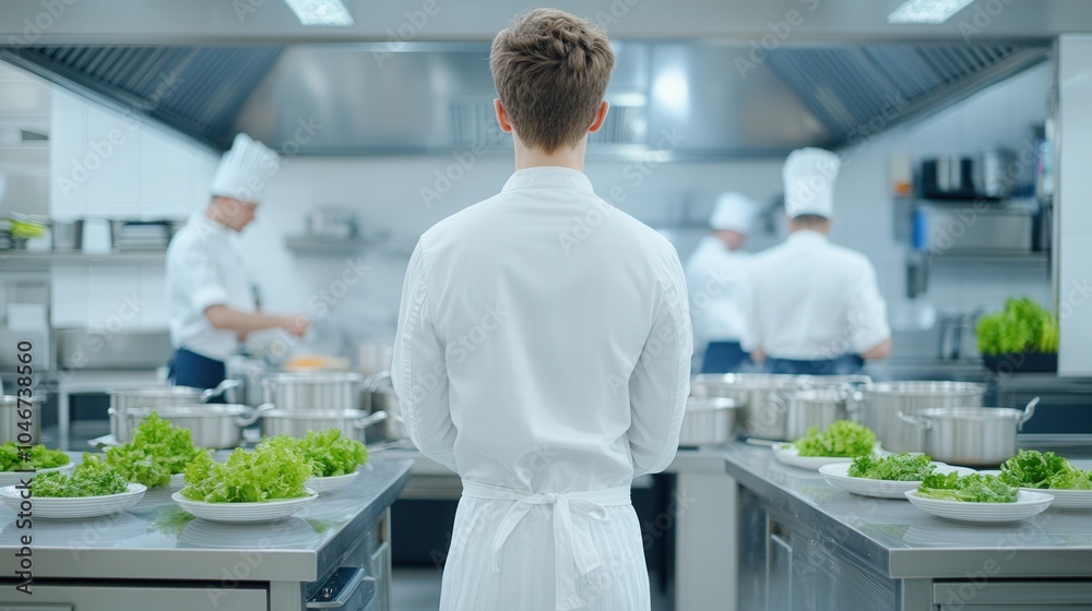 Chef in a busy kitchen, focused on culinary preparation and teamwork. Chef in a busy kitchen, focused on culinary preparation and teamwork.