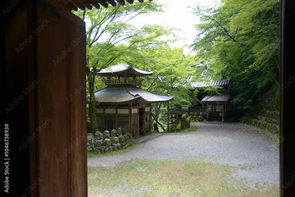 Obraz premium 愛宕念仏寺 本堂の室内から境内を望む 京都市右京区嵯峨