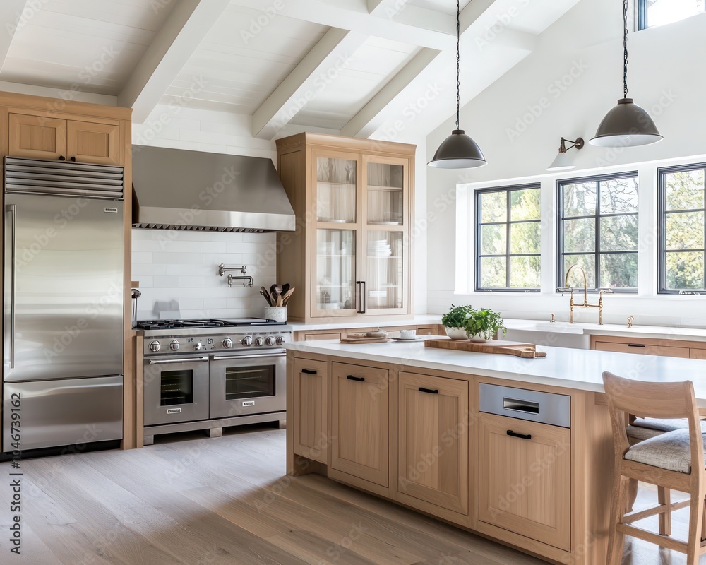 Fototapeta premium Snow Valley kitchen features pale maple cabinets, steel appliances, and wooden floors.