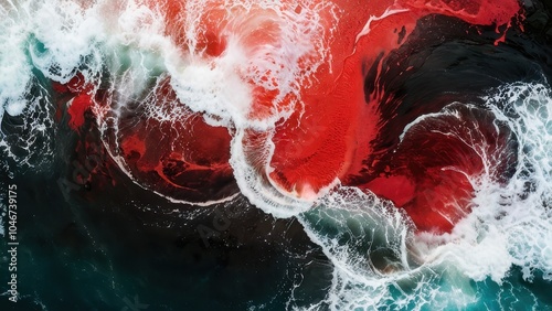 Wallpaper Mural An abstract aerial view of waves crashing onto the shore, featuring vibrant red and deep blue colors that create a dynamic and striking pattern Torontodigital.ca